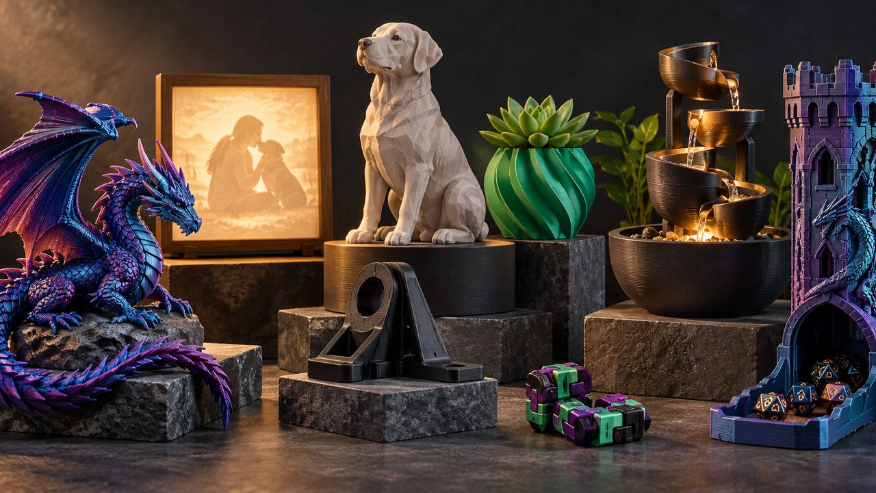 3D printed pieces on stone pedestals: a purple dragon, a lithophane lamp, a dog statue, a planter, a tabletop fountain and a dice tower