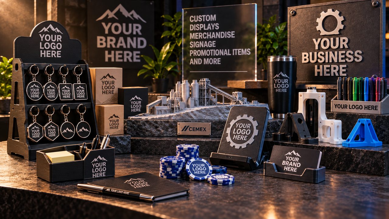 Branded 3D printed merchandise and displays: keychain rack, signs, business card holders, poker chips, a tumbler and an industrial site model