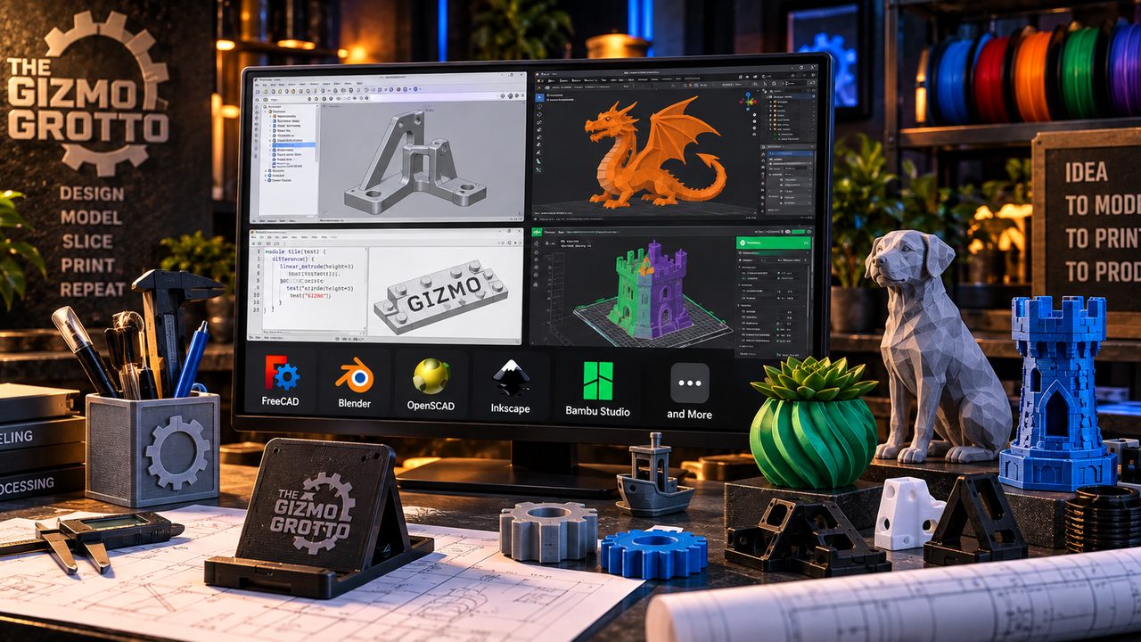 A monitor showing FreeCAD, Blender, OpenSCAD, Inkscape and Bambu Studio in a maker workshop with printed models on the desk