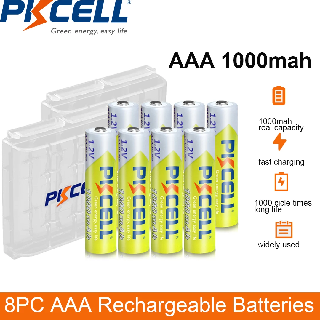 PKCELL AAA 1000mAh NiMH Rechargeable Batteries + Holders, 8-Pack